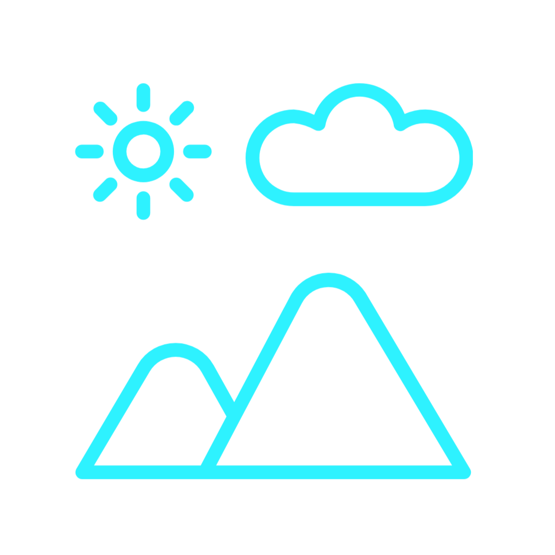 Sun, cloud, and mountain icons representing weather and landscape.