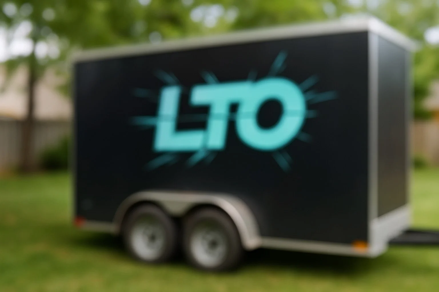 A black trailer with the word 'LIT' illuminated in bright blue letters, parked on a grassy area with trees in the background.