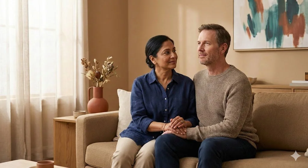Diverse middle-aged couple sitting on a sofa in a modern therapy office, holding hands and looking hopeful, representing relationship counseling and emotional support.
