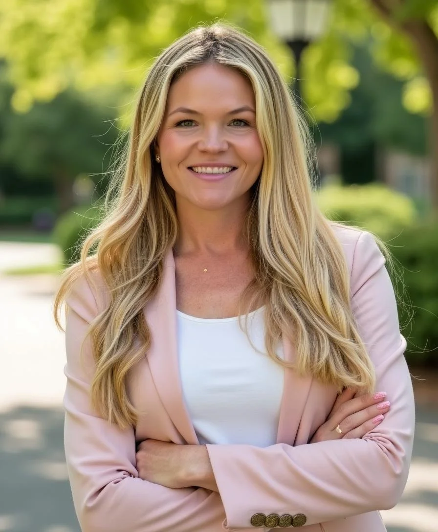A smiling blonde woman with long hair, wearing a light pink blazer over a white top, standing outdoors with blurred green trees in the background.