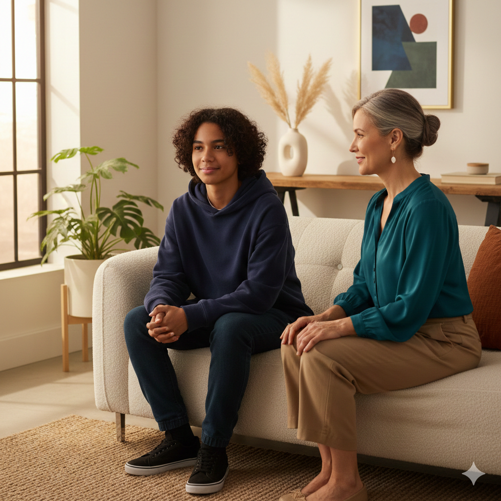 Compassionate therapist with a teenager, offering family counseling and evidence-based mental health treatment for youth.