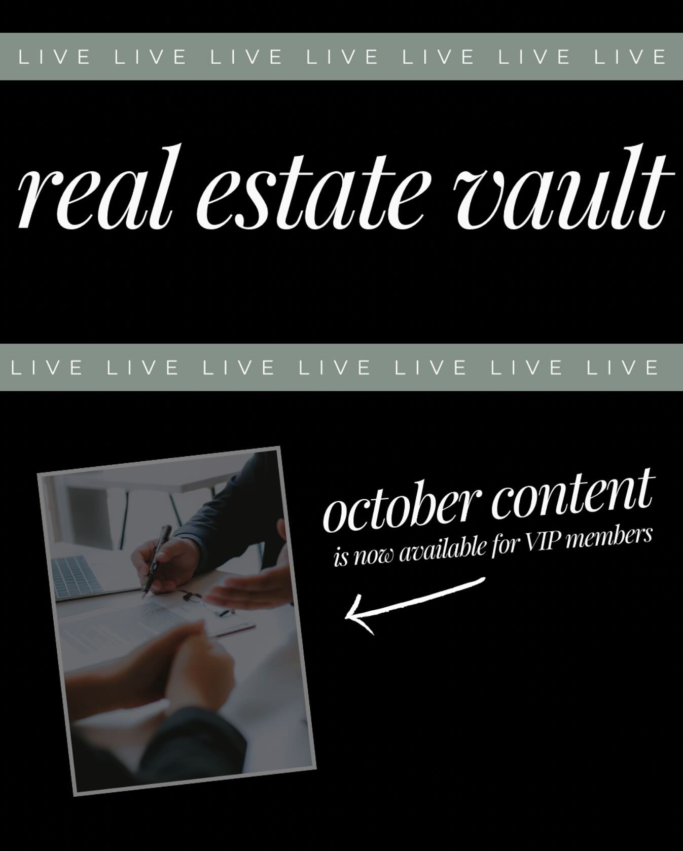 ✨ The Real Estate Vault is LIVE! ✨
October content is officially unlocked for our VIP members 🙌

No more late-night scrambling for posts. Inside this month&rsquo;s drop you&rsquo;ll find:
✔️ Ready-to-use graphics
✔️ Plug-and-play captions
✔️ Story t