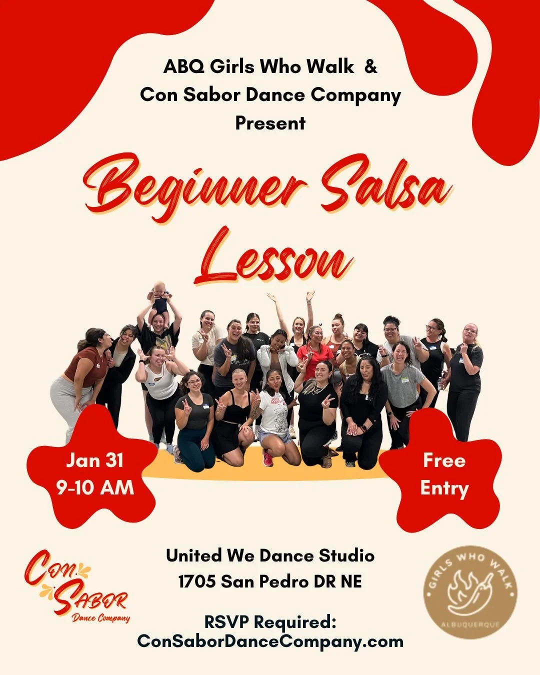 Con Sabor is teaming up with ABQ Girls Who Walk for another beginner-friendly salsa class on Saturday, January 31, 9&ndash;10 AM at United We Dance Studio. 💃🏻Open to women, femmes, and nonbinary participants; no partner or experience required. Plea