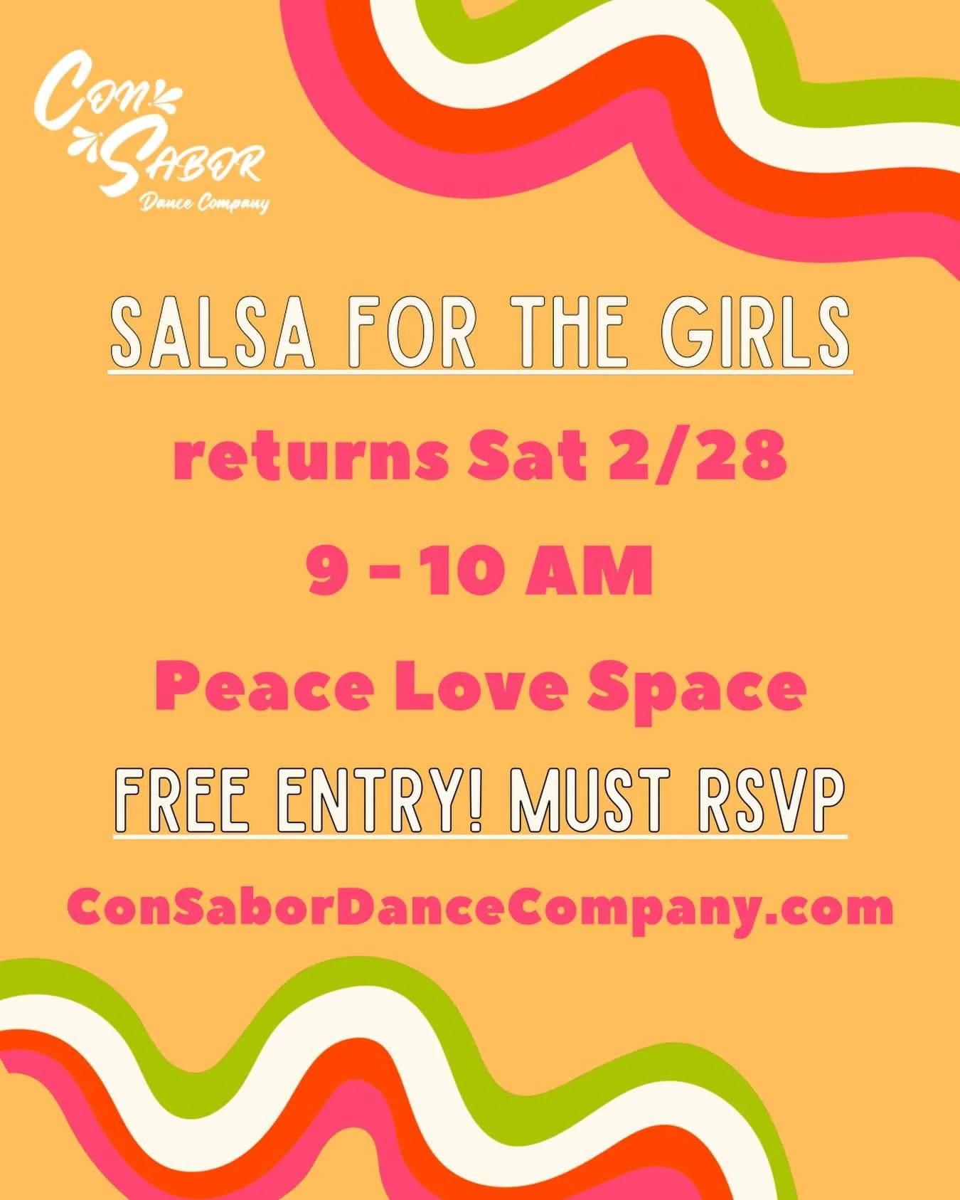 Salsa For The Girls* returns Saturday 2/28 💃🏻💕

Join Con Sabor for a free beginner friendly salsa lesson! Class will be at Peace Love Space, Studio D (10410 Comanche Rd NE) from 9-10 AM. 

*This class is open to women, femmes, and nonbinary partic