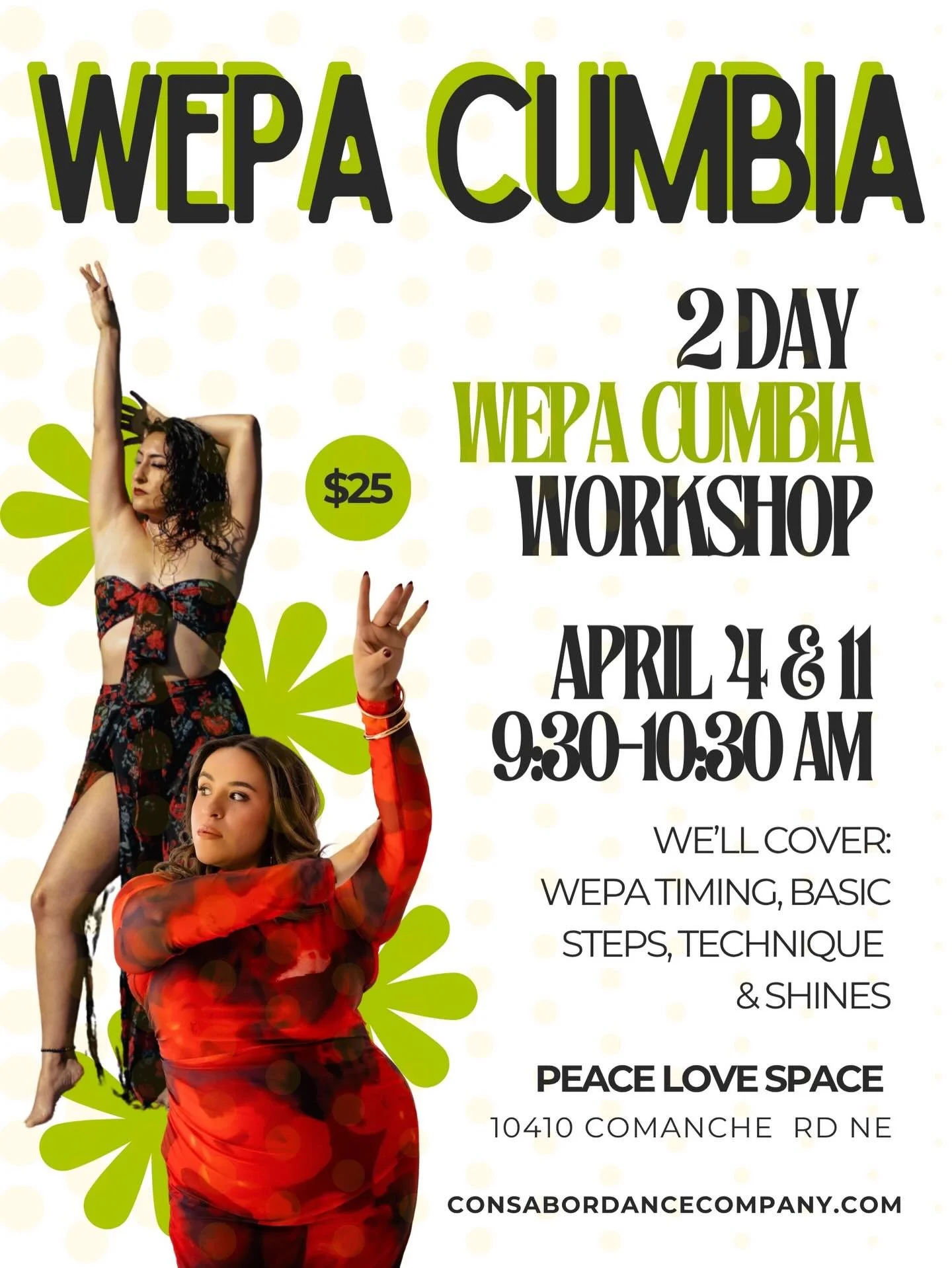 The collab you&rsquo;ve been waiting for🔥

Con Sabor presents a 2-Day WEPA Cumbia workshop! 

Join Elisa and Julia as they cover the history of WEPA cumbia, its technique and timing, and learn a WEPA cumbia combo! 

📆Saturday, April 4 &amp; 11
⏰9:3