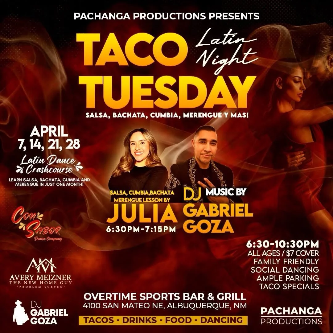Con Sabor is excited to teach at PACHANGA PRODUCTIONS&rsquo; TACO TUESDAY - LATIN NIGHT!

Salsa, Bachata, Cumbia, Merengue lesson by JULIA will run for the month of April 6:30pm - 7:15pm

Music by DJ Gabriel Goza &amp; Friends Spinning the saucy
Sals