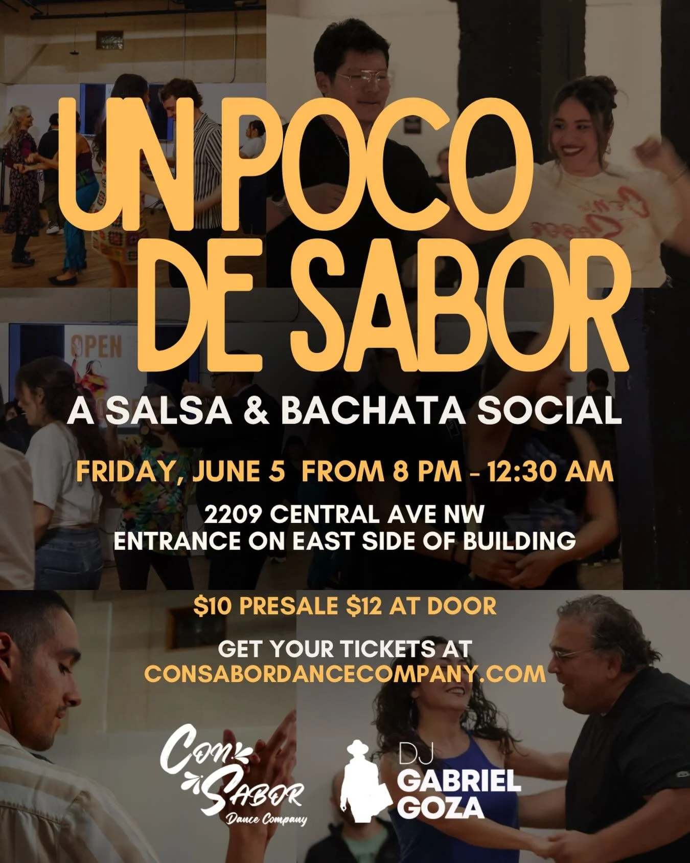 Un Poco De Sabor: A Salsa &amp; Bachata Social, June Edition 💃🏻

Con Sabor Dance Company presents a night of dance at the 2209 Central Ave NW. (Entrance on East side of the building)

 Experience the vibrant Albuquerque dance scene with a mix of gr