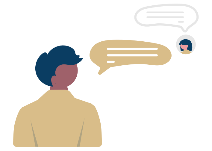 An illustration of a person looking at their phone, with speech bubbles indicating a conversation happening on the screen.