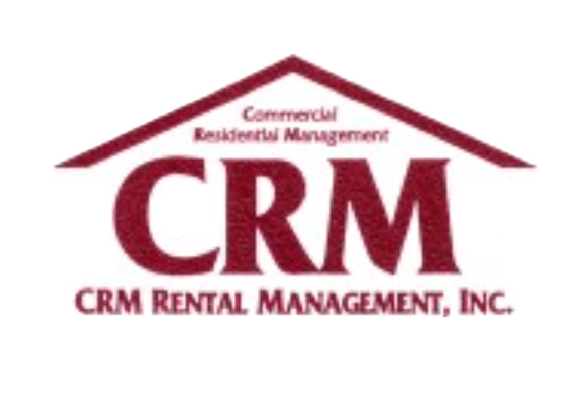 Logo for CRM Rental Management, Inc. featuring a house roof design with the words "Commercial Residential Management" and the abbreviation "CRM" prominently displayed.