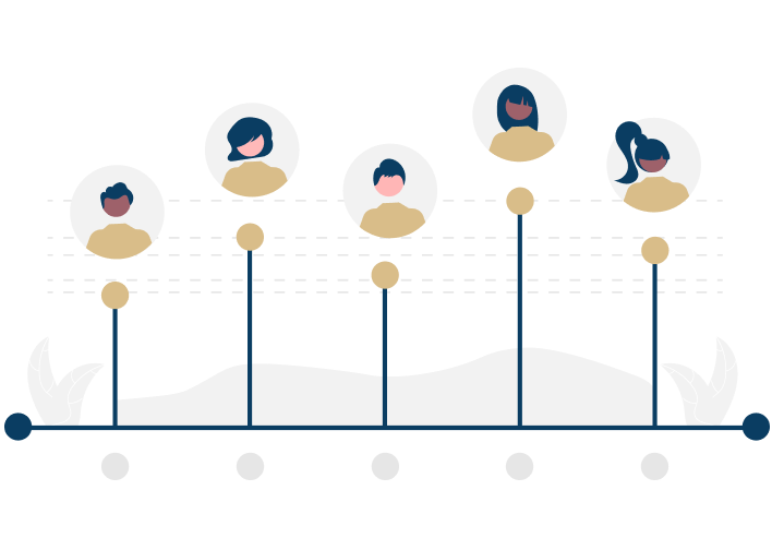 A family tree diagram showing five generations with circles representing family members connected by lines, set against a snowy landscape with white trees.