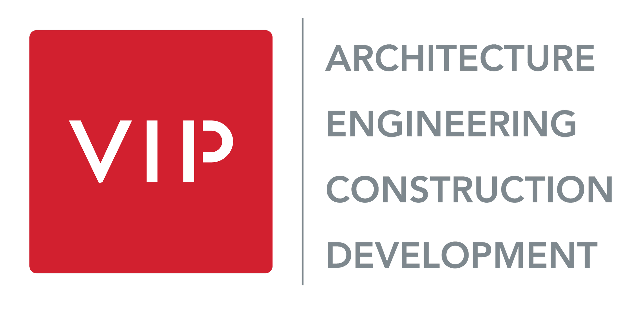 Red square with white text 'VIP' on the left, and black background with gray text listing 'Architecture, Engineering, Construction, Development' to the right.