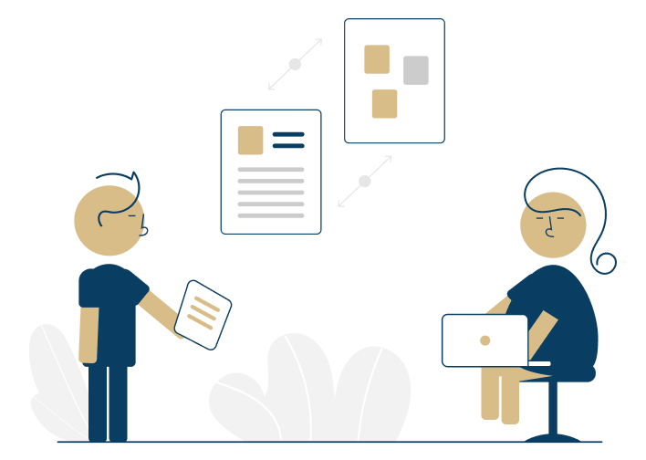 Illustration of two people discussing data or information using digital devices, with visual data elements and documents above them.