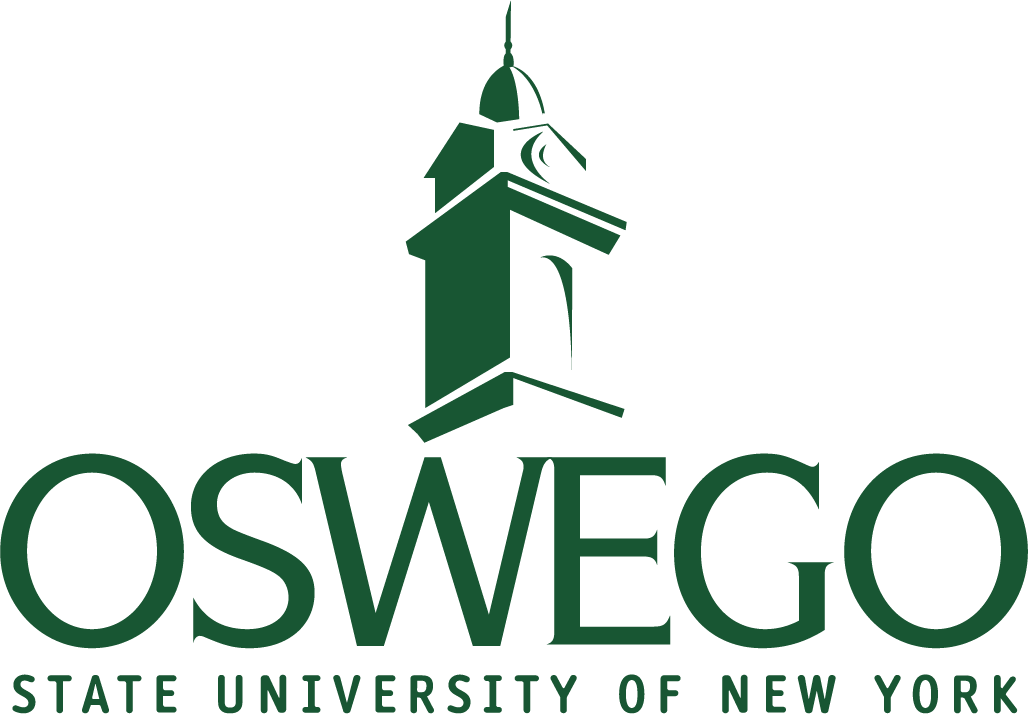 Dark green logo with a stylized clock tower and the words "OSWEGO STATE UNIVERSITY OF NEW YORK"