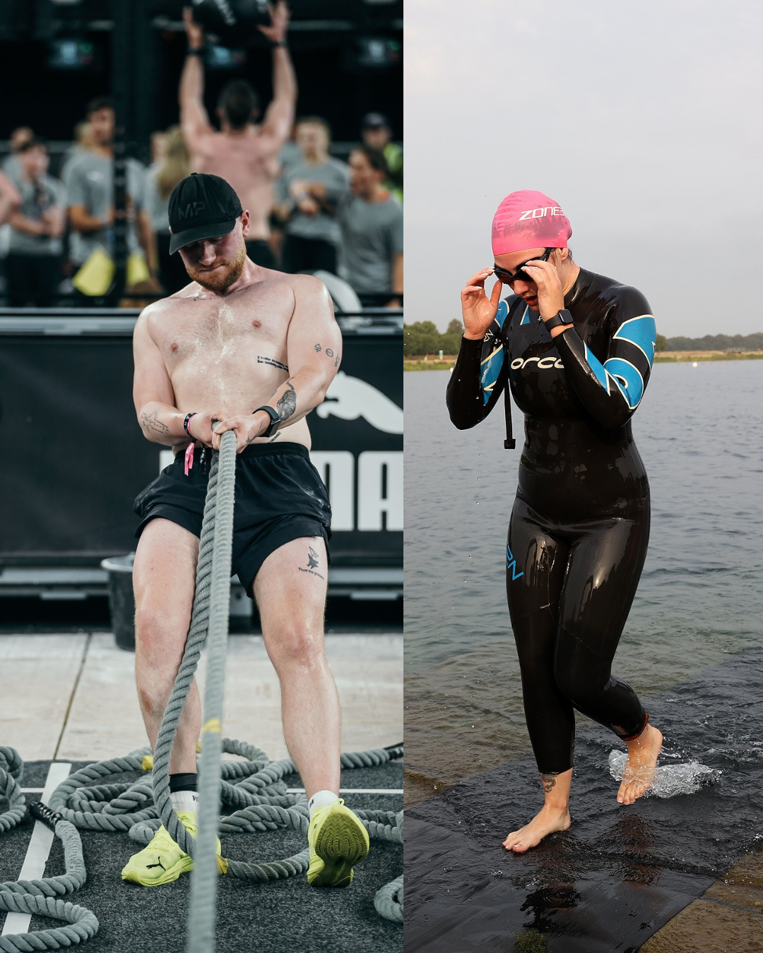 A split image showing a man participating sled pull at Hyrox and a woman in a wetsuit coming out of the water in a triathlon