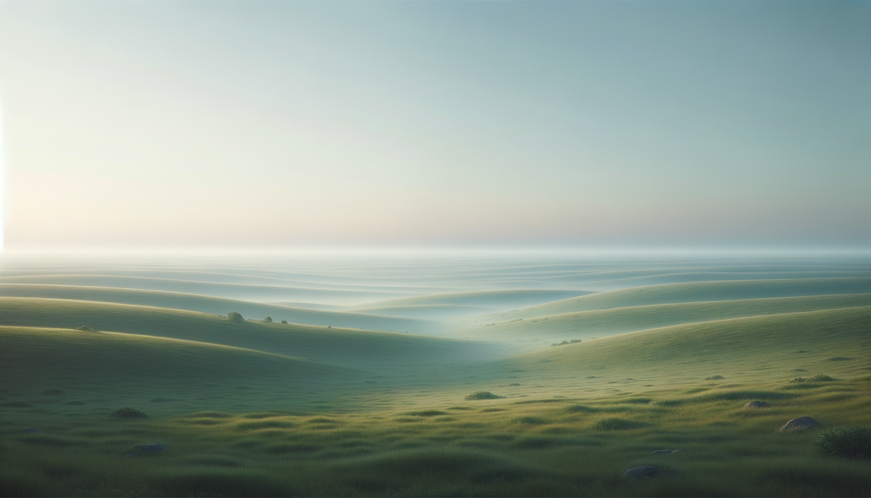 A peaceful landscape of rolling green hills with patches of rocks, under a clear blue sky with some fog or mist near the horizon.