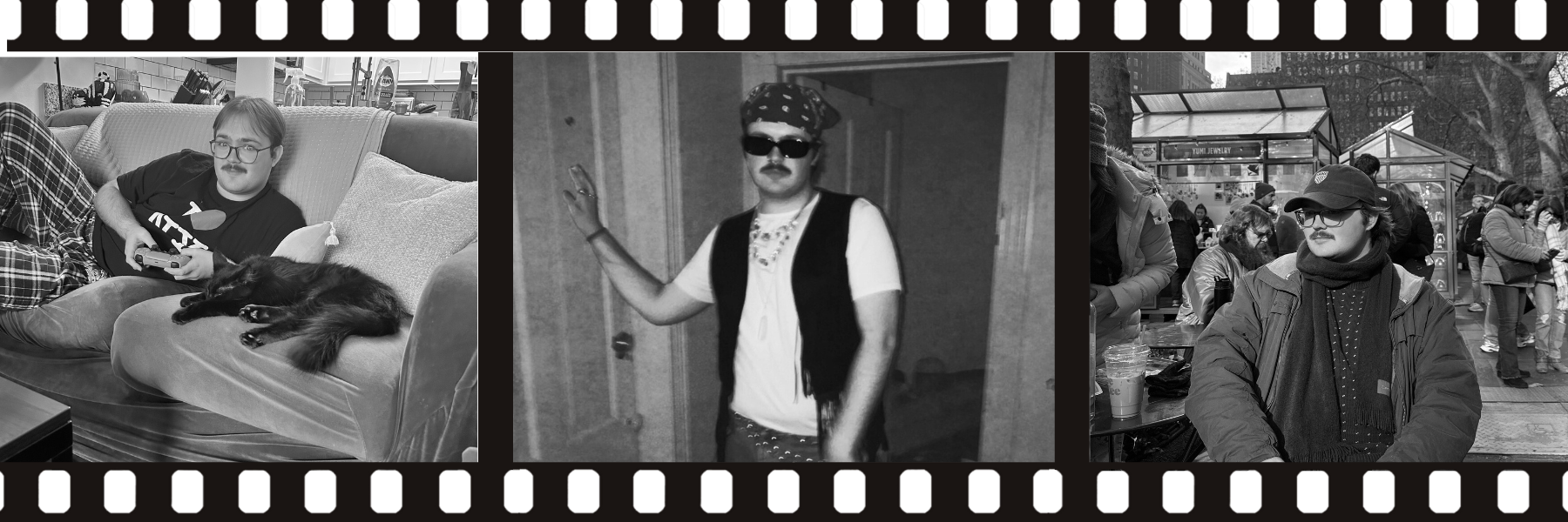 Three black and white photos of Williin different settings. The first shows him relaxing on a couch with a c, the second shows them posing indoors with a confident stance, and the third shows them sitting at an outdoor table at a busy market or fair.