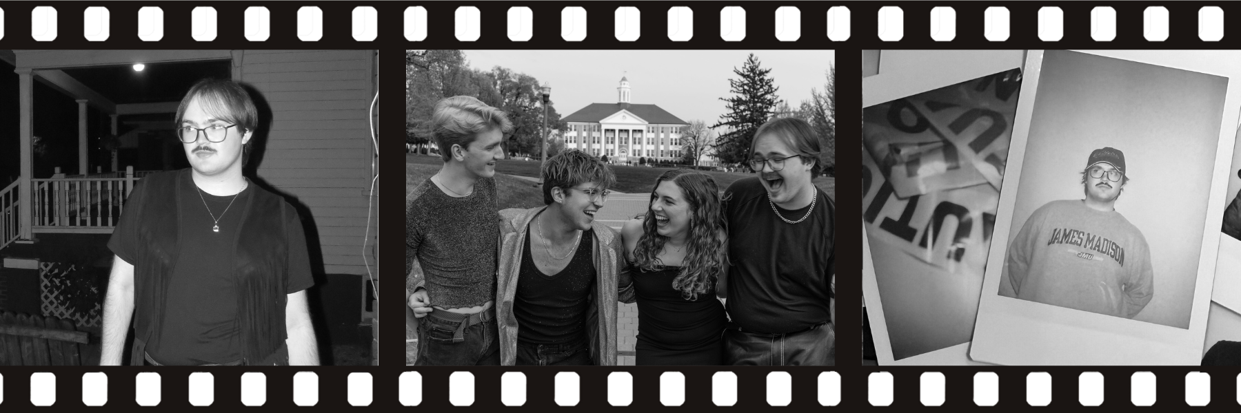 A collage of black-and-white photographs featuring William Reeves in various settings and with friends.