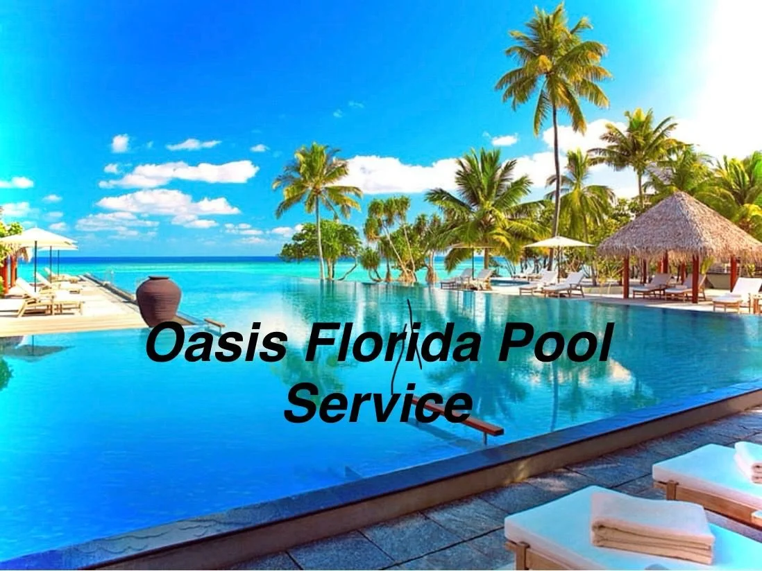 Vista de una alberca con vistas al mar, palmeras y sombrillas en una playa tropical en Florida. Incluye reposeras y una decoración de lujo.