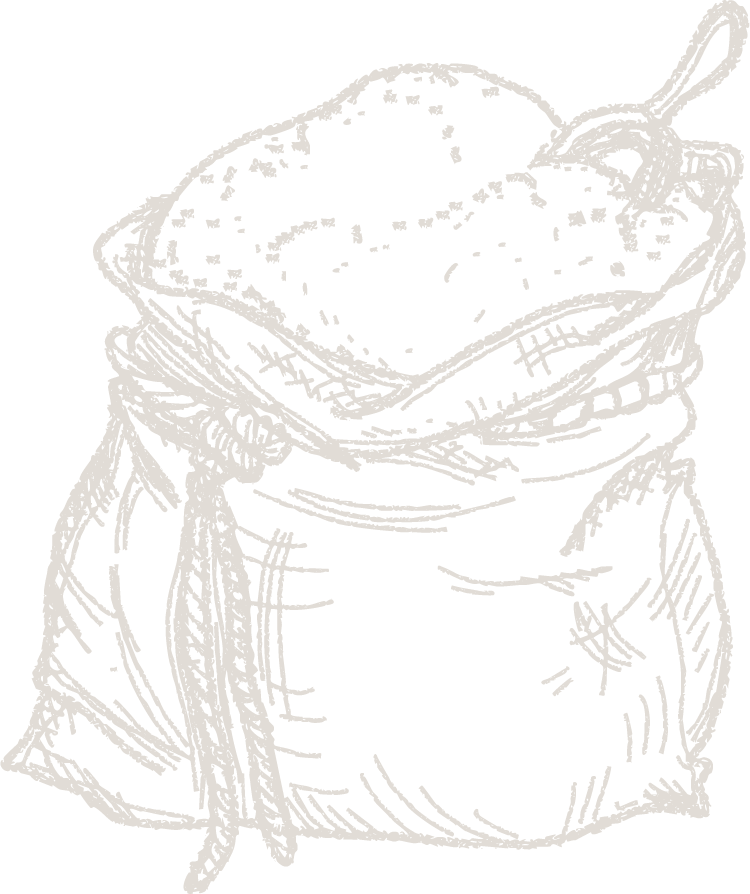 Line drawing of a sack of coffee beans with a scoop on top.