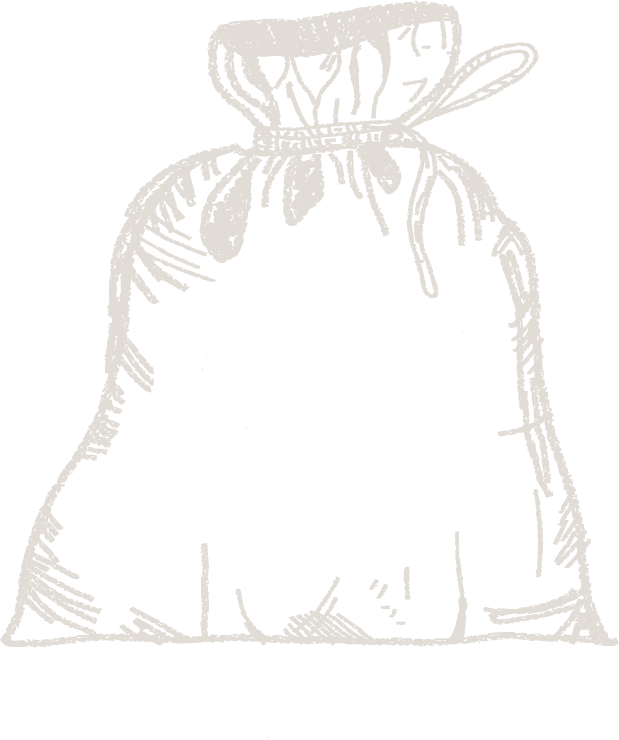 A white chalk-like drawing of a tied cloth bag on a black background.