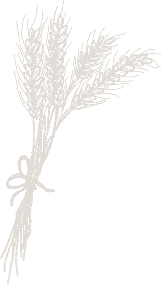 A white illustration of a bundle of wheat stalks tied with a bow on a black background.