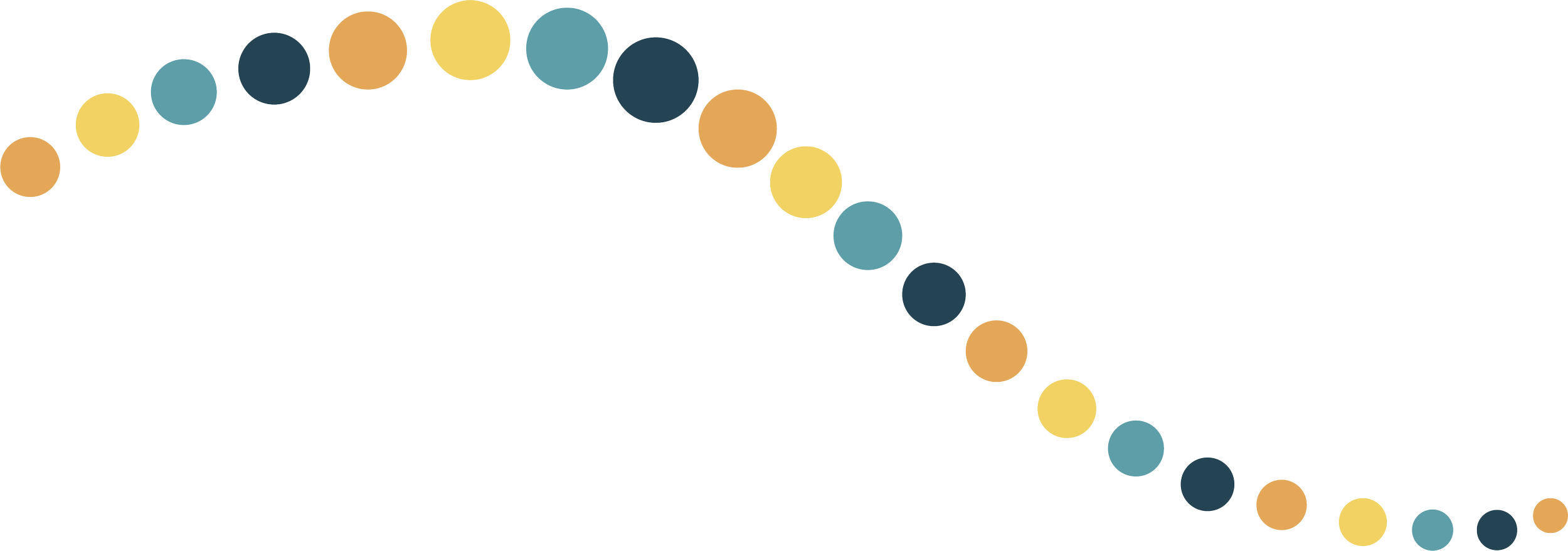 Colorful abstract design featuring a curved line of multi-colored circles on a white background.