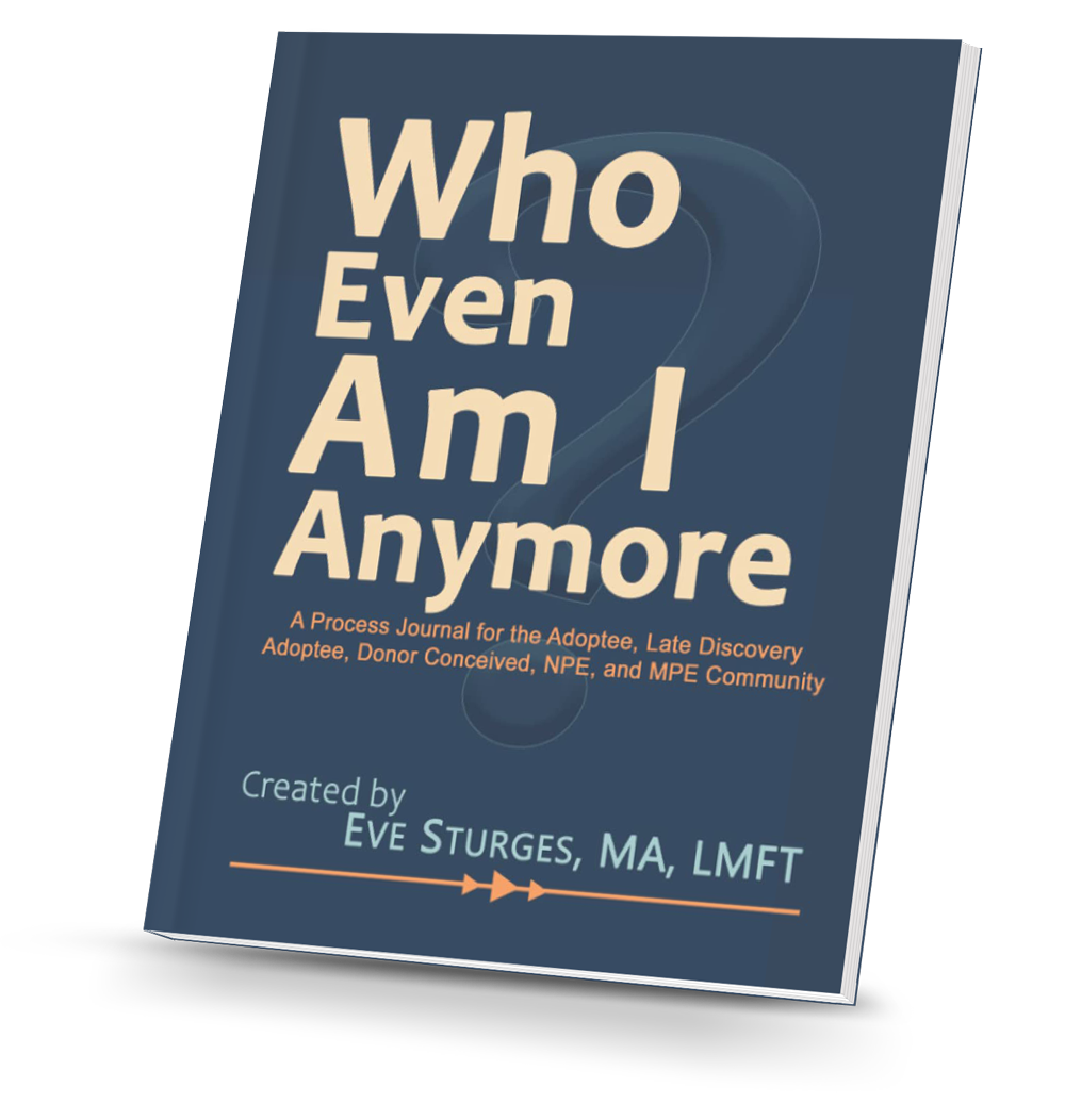 Book titled "Who Even Am I Anymore" by Eve Sturges, with subtitle "A Process Journal for the Adoptee, Late Discovery Adoptee, Donor Conceived, NPE, and MPE Community".