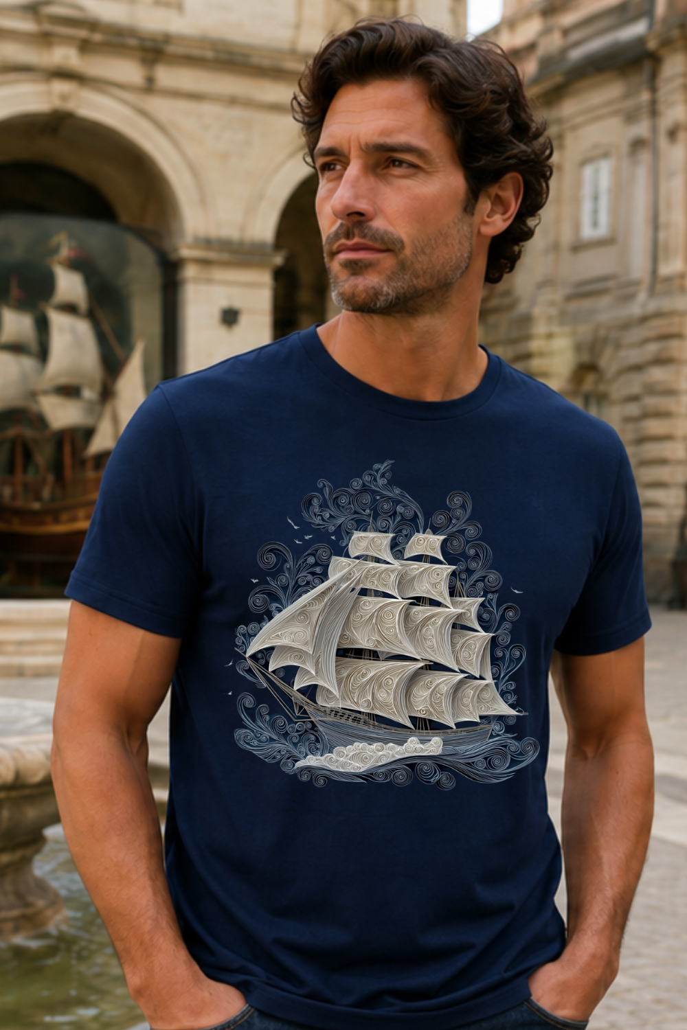 Silent Crossing – Midnight Passage Filigree Sailing Ship T-Shirt