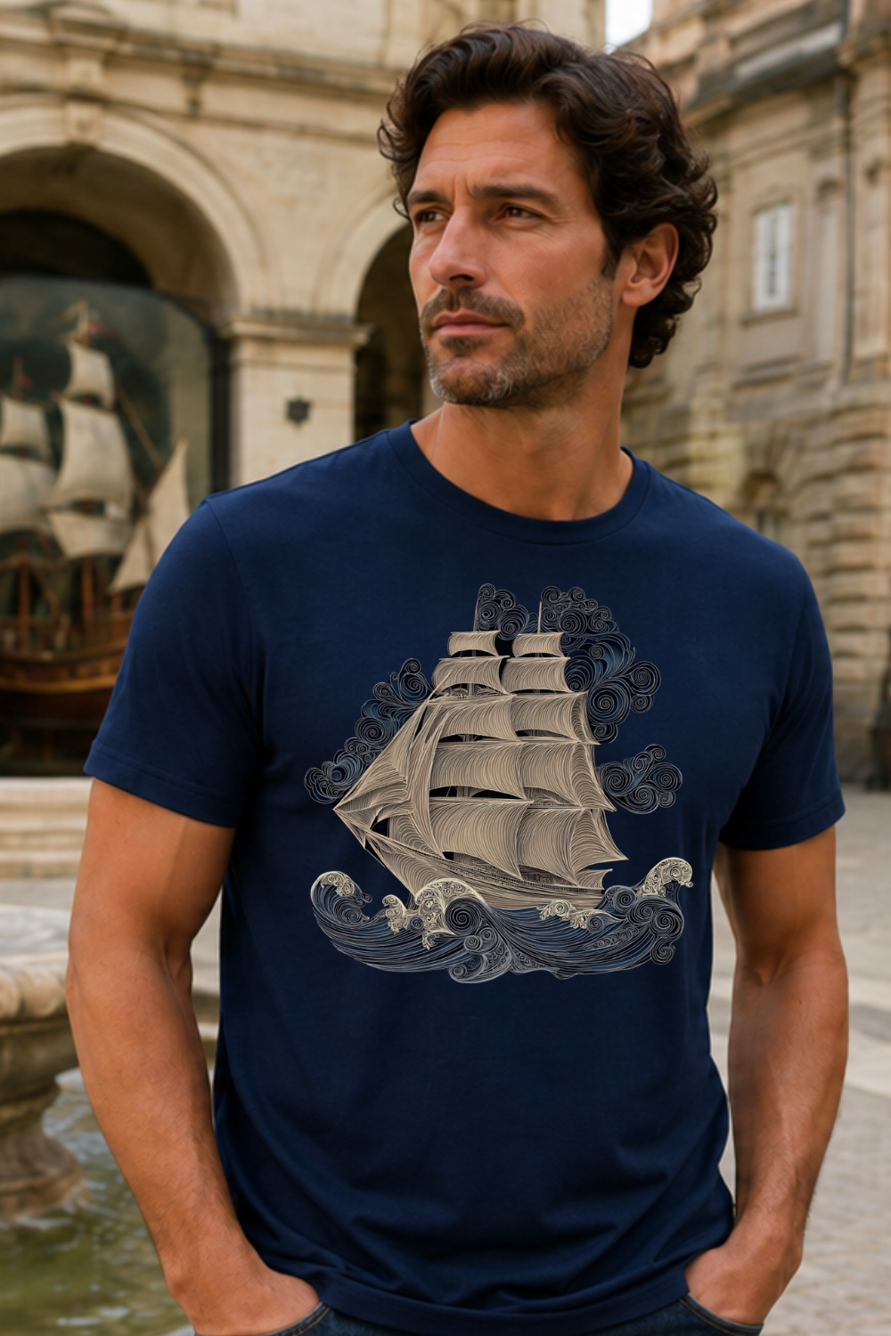 Golden Horizon – Midnight Passage Filigree Sailing Ship T-Shirt