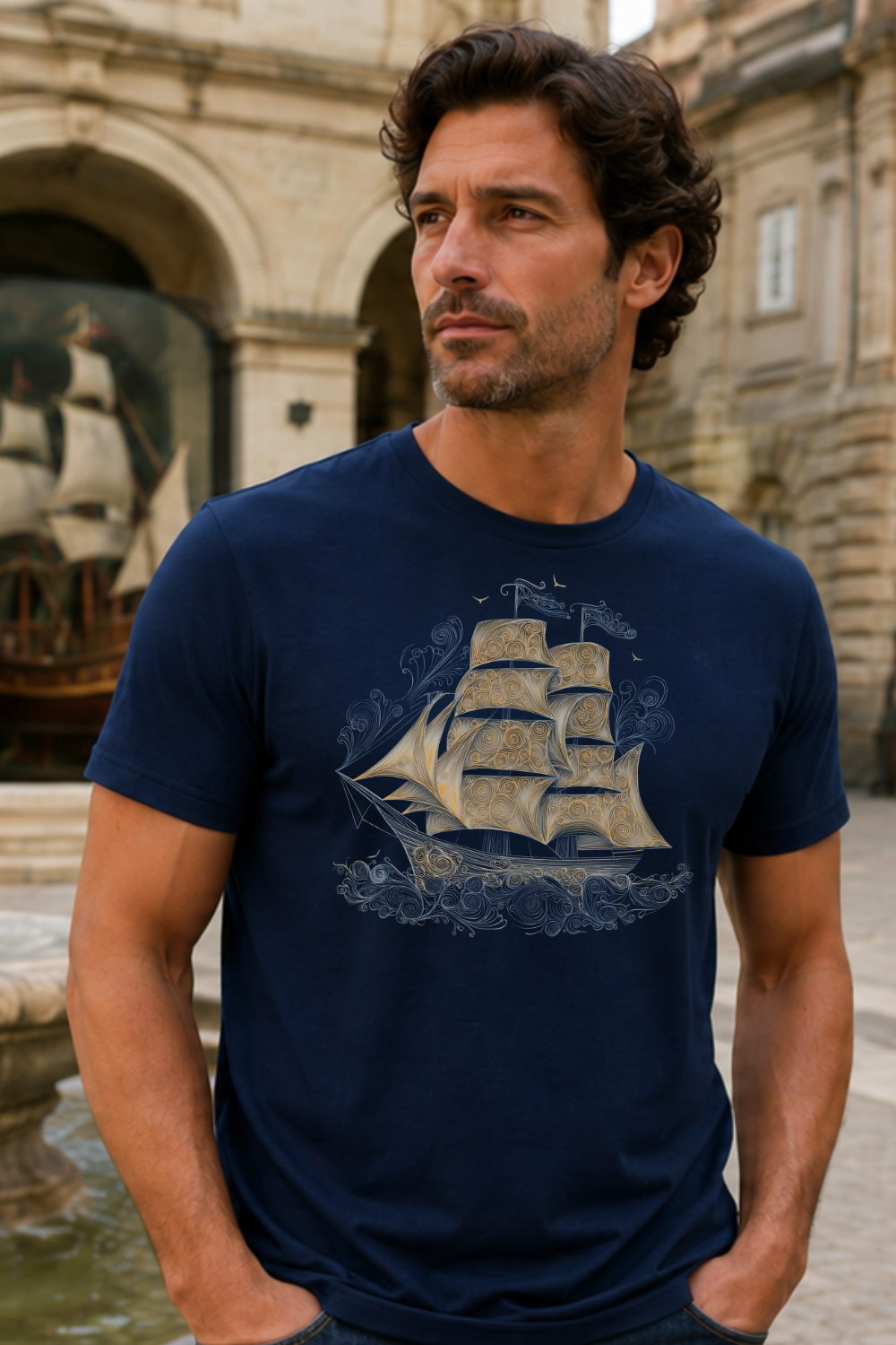 Voyage Under the Stars – Midnight Passage Filigree Sailing Ship T-Shirt