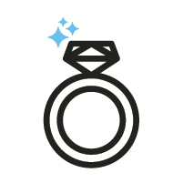 A cartoon illustration of a diamond ring with a sparkling diamond on top.