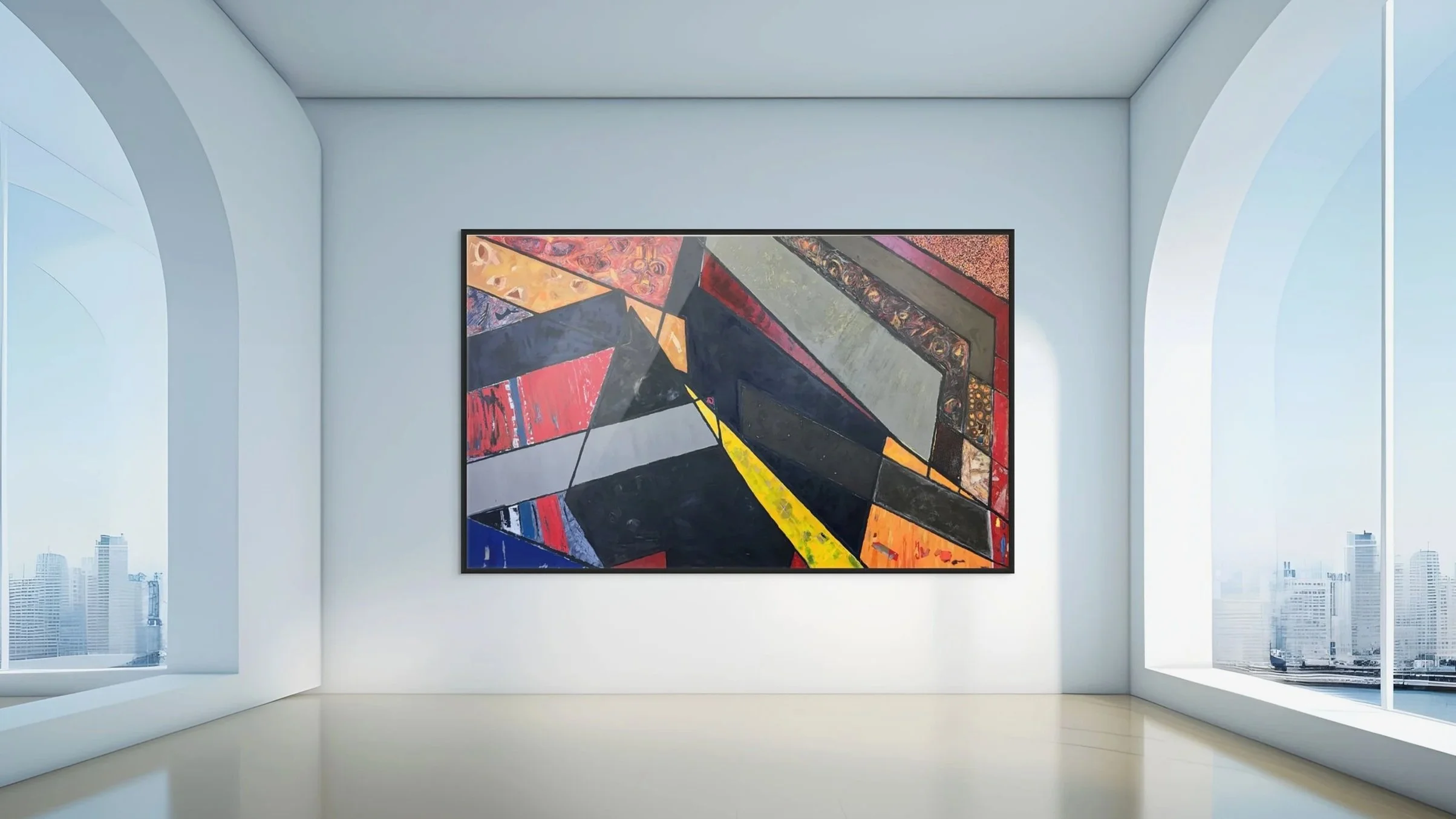 Abstract colorful painting with geometric shapes hung inside a modern white art gallery with large windows showing a cityscape