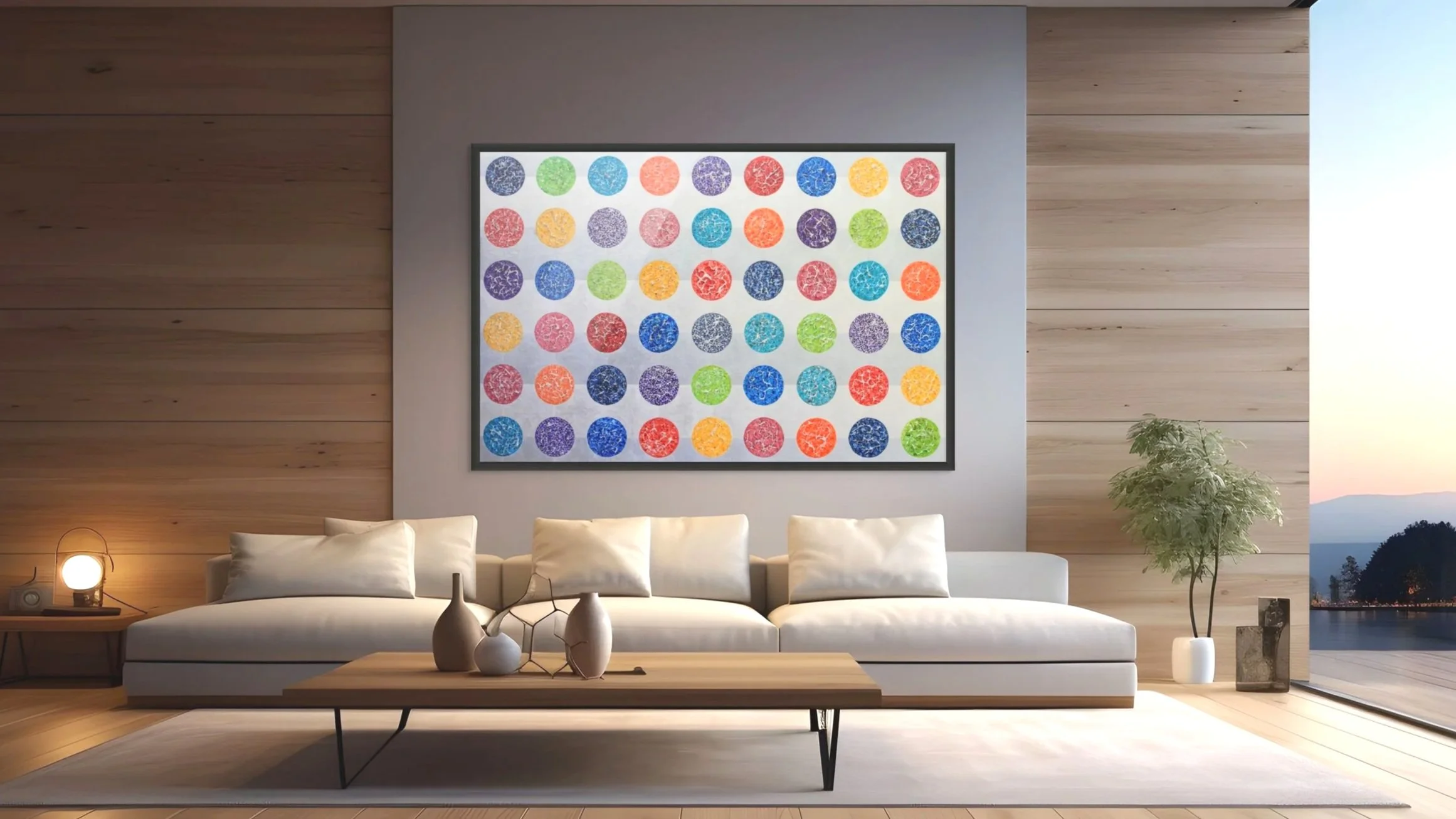 Modern living room with a white sofa, wooden coffee table, abstract ceramic vases, potted plant, wall art with colorful circles, wooden wall paneling, and sunset view outside.