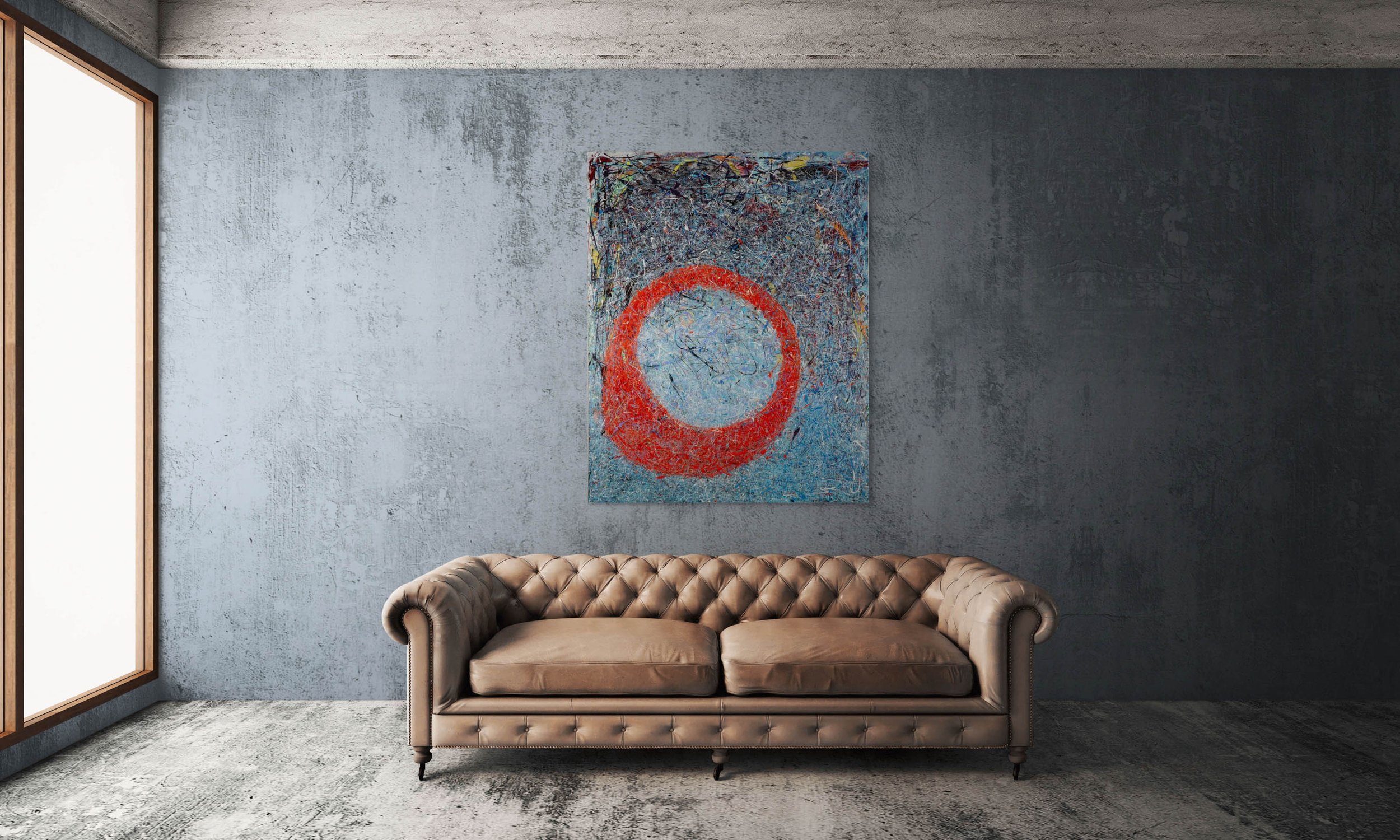 Modern living room with a textured blue wall, a brown tufted leather sofa, a large abstract painting with a red circle on the wall, and a window with wooden framing on the left.