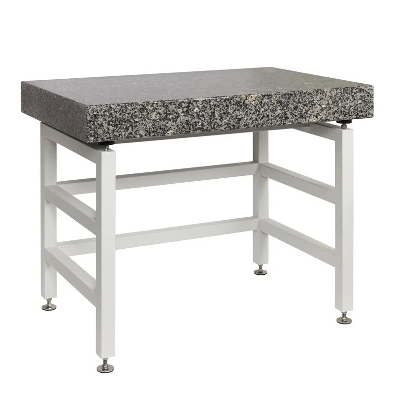 A work table with a granite top and white wooden frame.