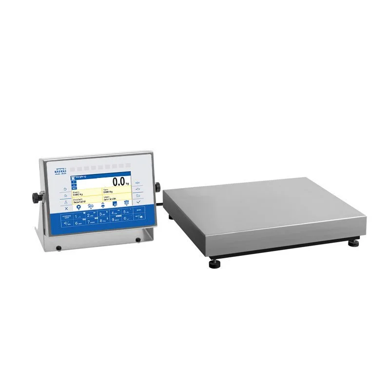 Digital weighing scale with a touchscreen display and a flat metal platform for measuring items.