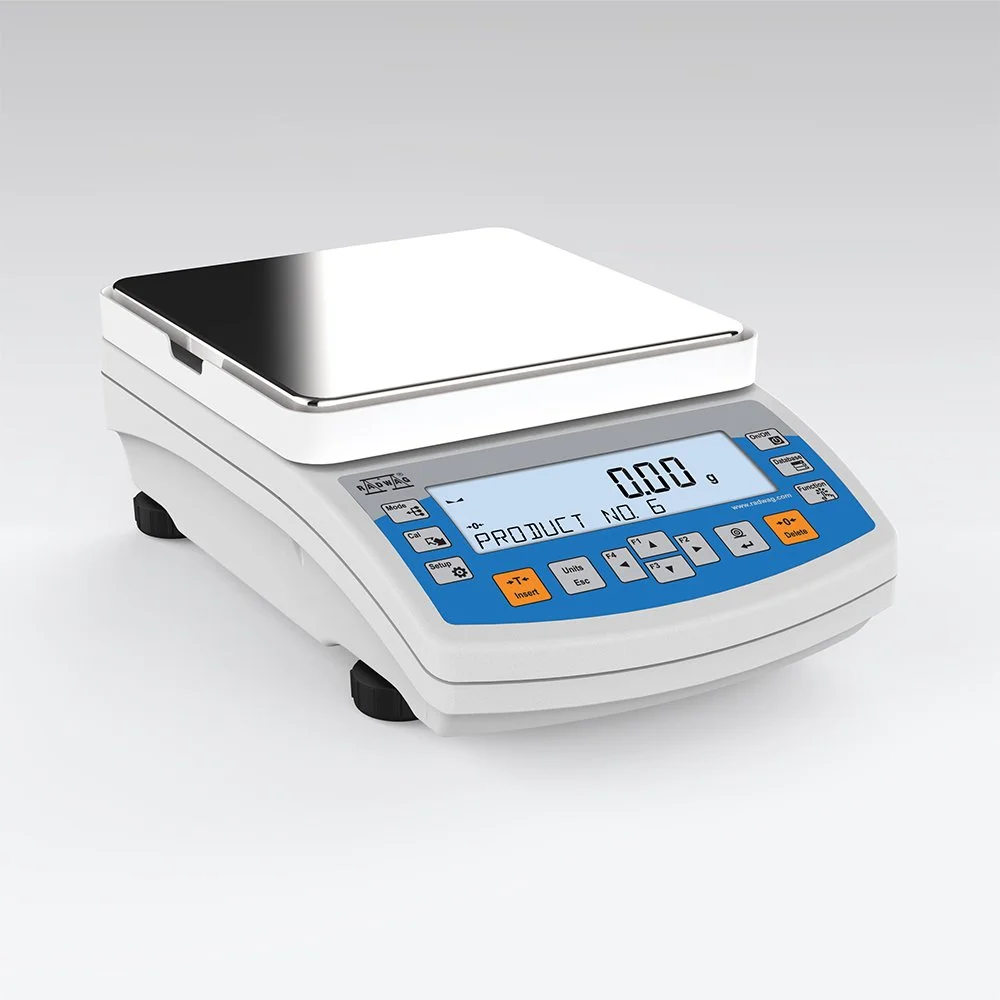Electronic digital weighing scale with a white platform and blue control panel, displaying a weight of 0.00 grams.