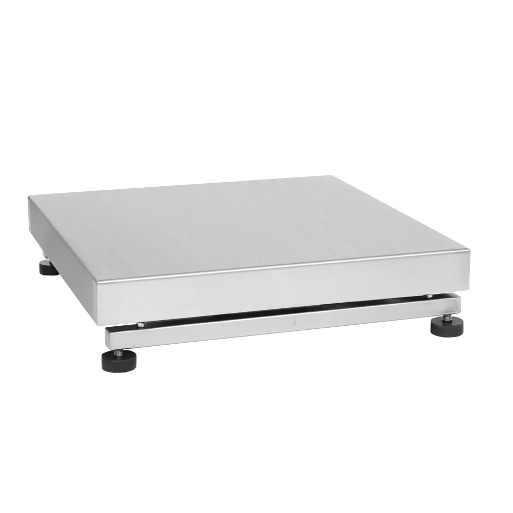 A stainless steel platform scale with black rubber feet.