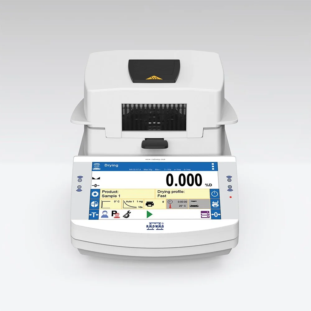Laboratory device with digital touchscreen display showing data for sample drying process, with a white and black design area, and a small compartment at the top.