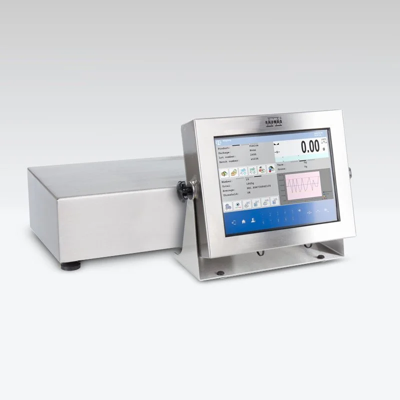 Digital industrial weighing scale with a touchscreen display, used for precise measurement of items.