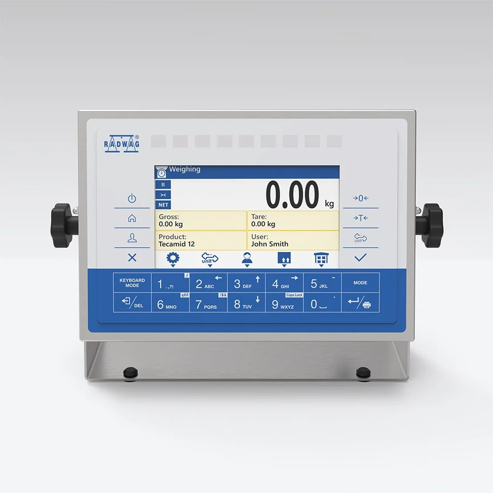 A digital electronic weighing scale with a blue and white interface, showing a weight of 0.00 kg, and labeled buttons for numerical input and functions.