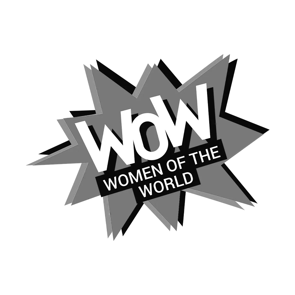 Stylized text resembling a comic book explosion reading "WOW WOMEN OF THE WORLD" in black, white, and various shades of gray.