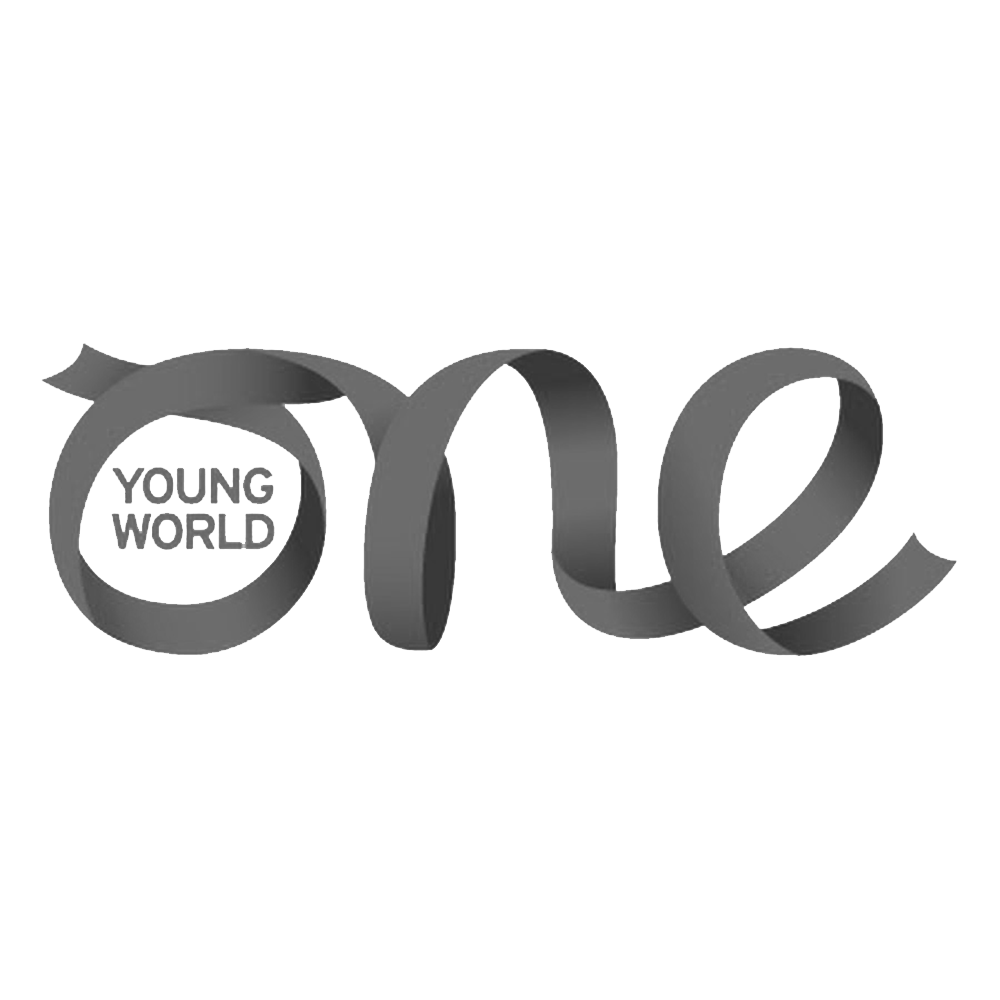 Gray 3D text spelling 'one' with inside text 'YOUNG WORLD'