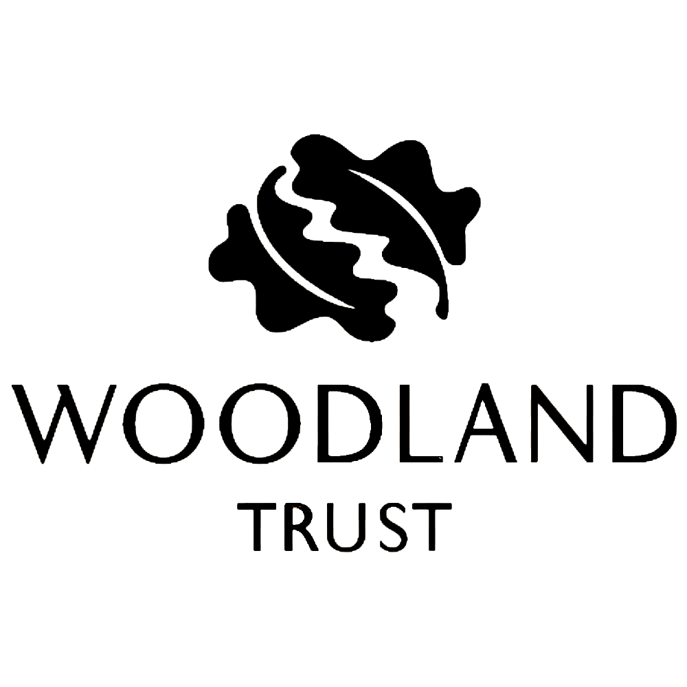 Logo for Woodland Trust with stylized tree graphic and text.