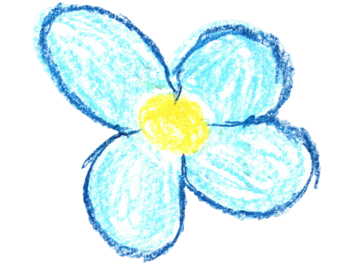 Child's drawing of a blue and yellow flower with four petals and a yellow center.