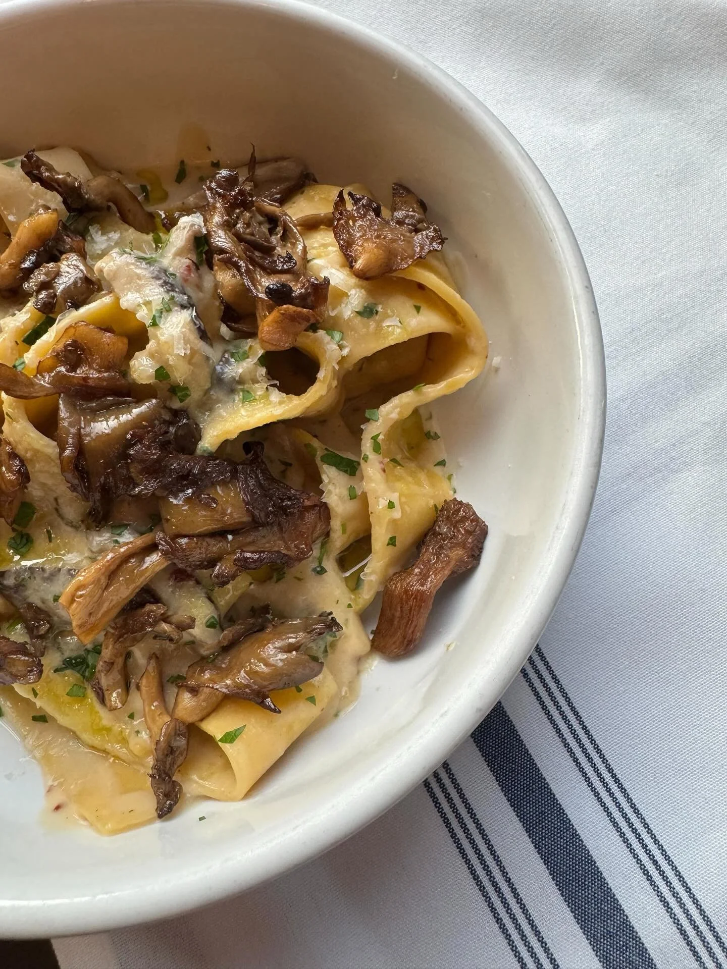 Handmade mushroom pappardelle, a comforting and delicious dish on our dinner menu.