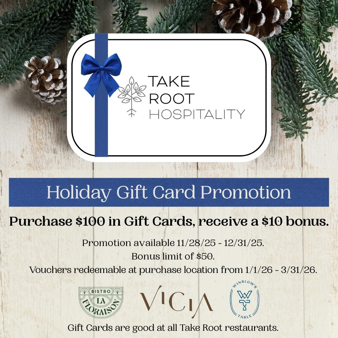 This Small Business Saturday (and through the end of the year), pick up a great holiday gift, support your local restaurant, and get a little something for yourself as well. 

&bull;Purchase at our restaurants or online. 
&bull;Promotion limit of $50