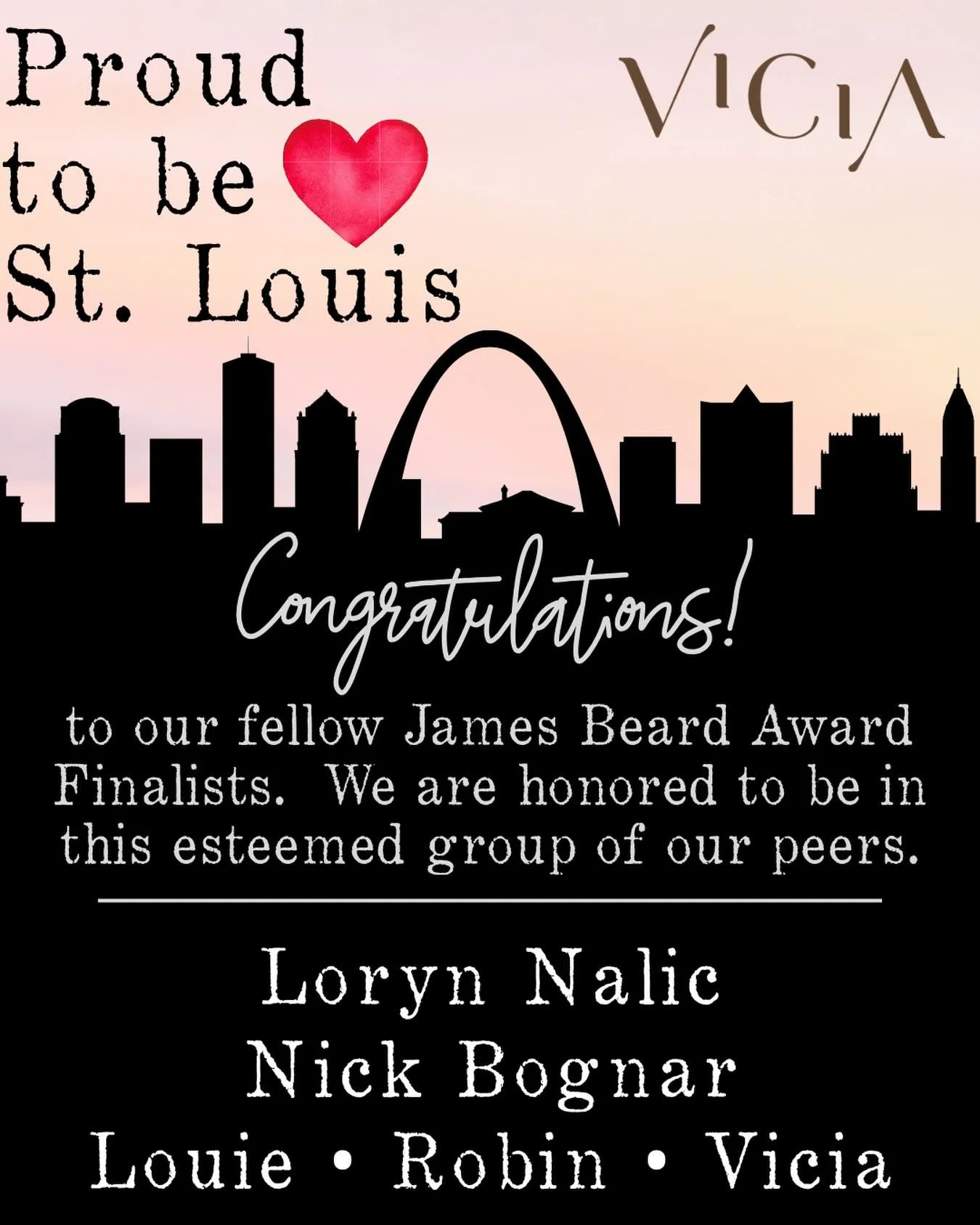Congratulations to our sister restaurant @viciarestaurant for receiving a finalist nomination for Outstanding Restaurant in the country from the @beardfoundation! 

We will be rooting for you and all the incredible #STL chefs and restaurants recogniz
