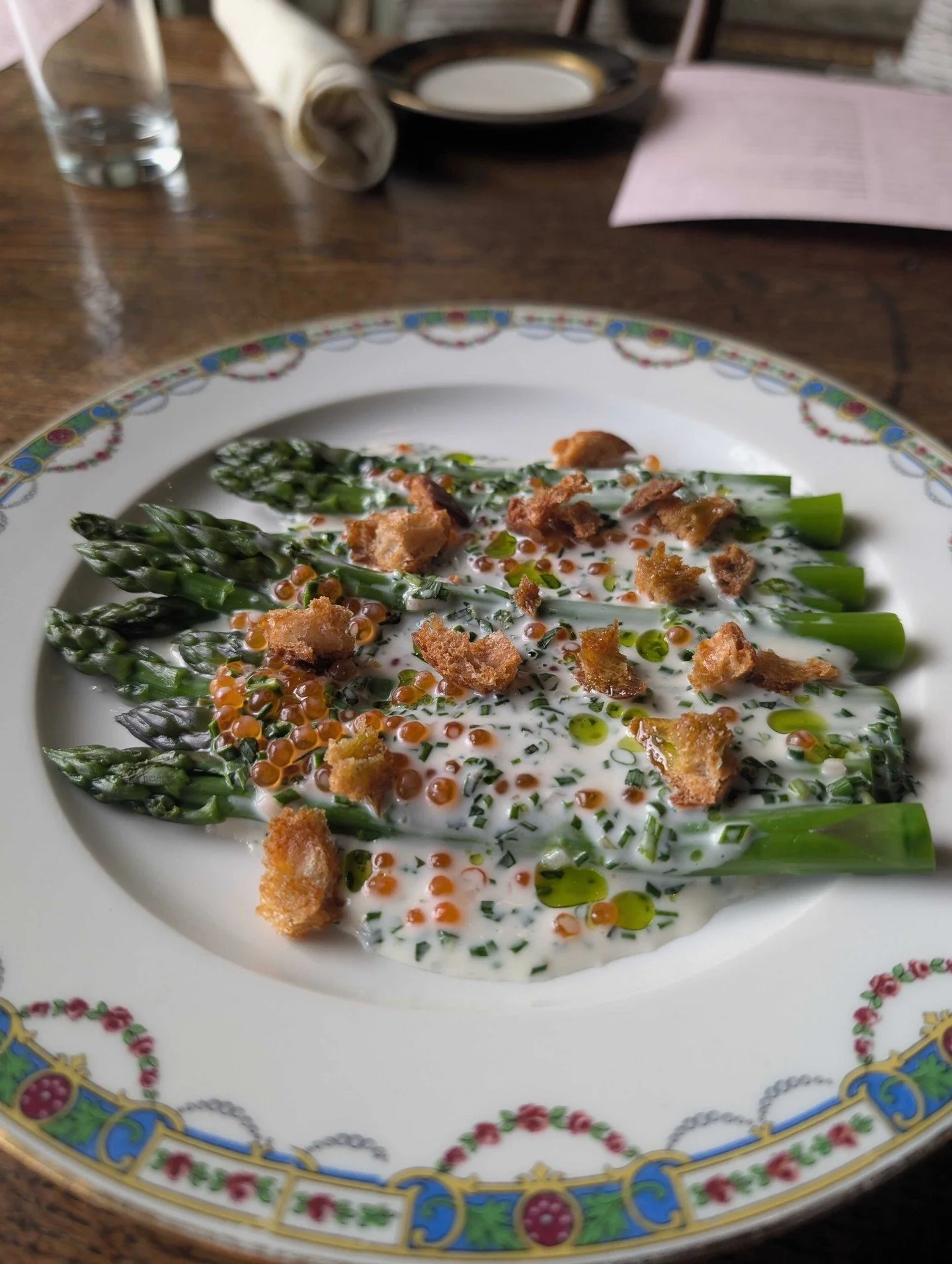 Beautiful early spring asparagus from @farmsteadfoodsfresh, all dressed up with smoked trout roe, beurre blanc, sourdough croutons, and tarragon.  New appetizer, available Tuesday- Saturday evenings.  Reservation link in bio.