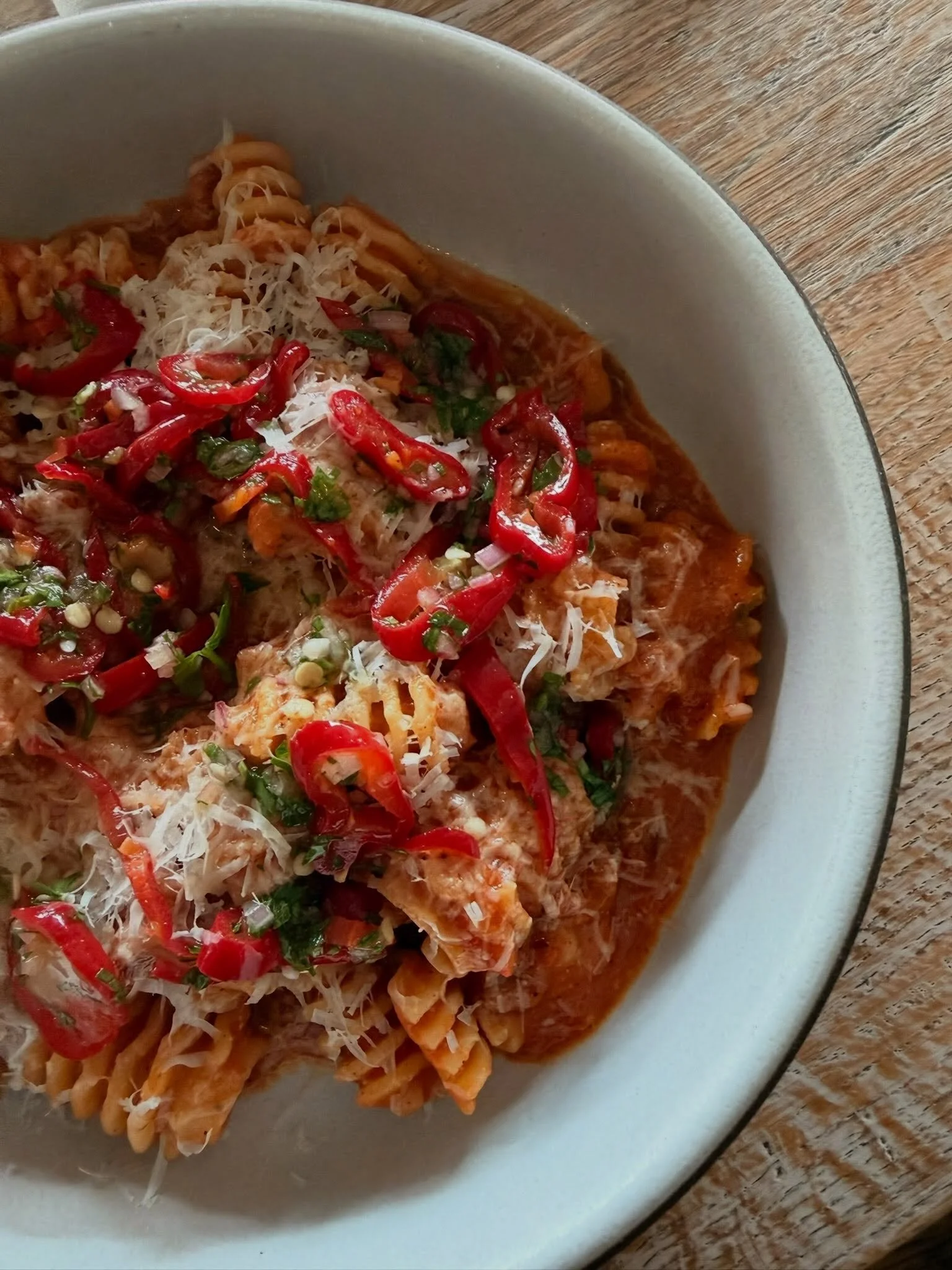 Radiatori pasta with guanciale, tomato sofrito, Jimmy Nardello peppers, and pecorino 🔥 New addition, Summer 2026.